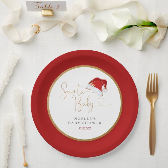 Red Santa Hat Christmas Santa Baby Baby Shower Paper Plates (Wedding)