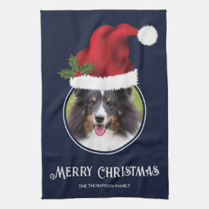 Red Santa Hat Custom Photo Template On Blue Kitchen Towel