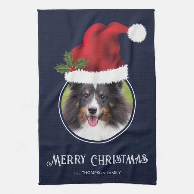 Red Santa Hat Custom Photo Template On Blue Kitchen Towel (Vertical)