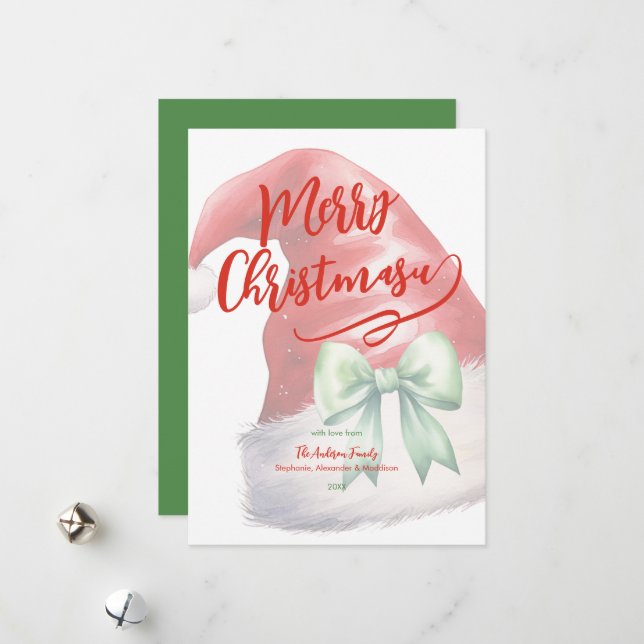 Red Santa Hat Green Bow Personalized  Holiday Card (Front/Back In Situ)