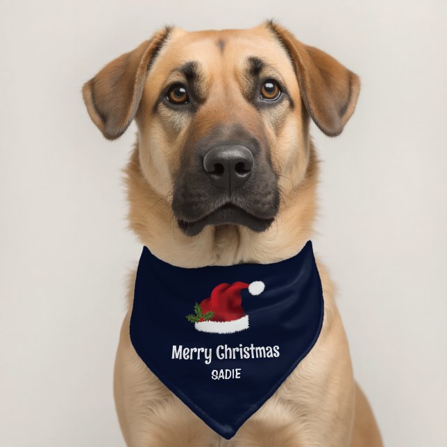 Red Santa Hat Holly On Dark Navy Blue Custom Name Pet Bandana Collar (Dog 2)