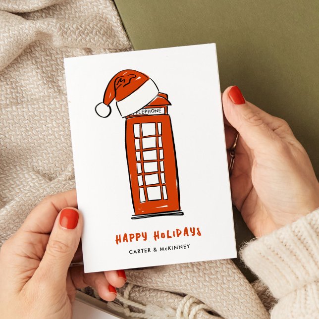 Red Santa Hat London Red Telephone Box Business Holiday Card (Red Santa Hat London Red Telephone Box Illustrated Business Holiday Card)