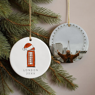 Red Santa Hat London Telephone Christmas Photo Ceramic Ornament