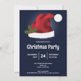 Red Santa Hat On Blue - Festive Christmas Party Invitation