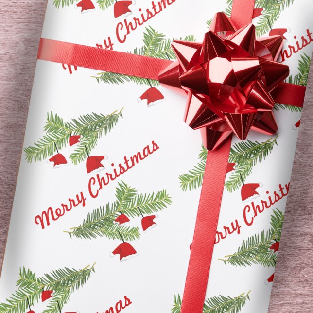 Red Santa Hat Ornaments on Pine Branch Christmas Wrapping Paper (Creator Uploaded)