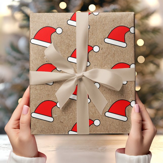 Red Santa Hat Pattern on Rustic Kraft Background Wrapping Paper (Creator Uploaded)