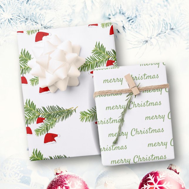 Red Santa Hat Pine Branches Merry Christmas Wrapping Paper Sheets (Creator Uploaded)