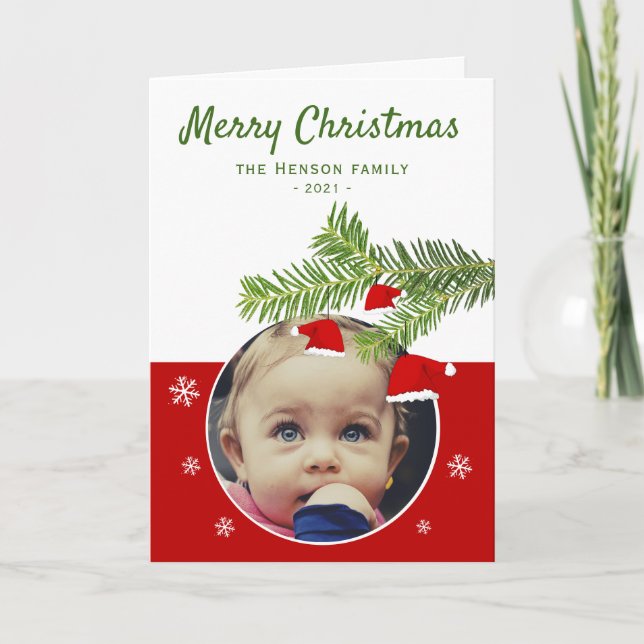 Red Santa Hat Pine Merry Christmas Photo  Holiday Card (Front)
