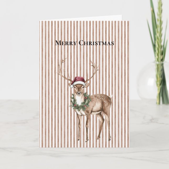 Red Santa Hat Reindeer Brown Stripes Christmas Card (Front)