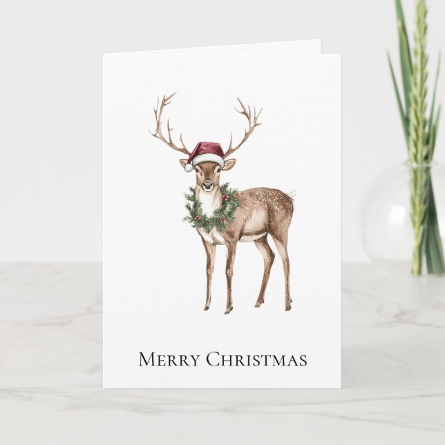 Red Santa Hat Reindeer Christmas Card (Front)
