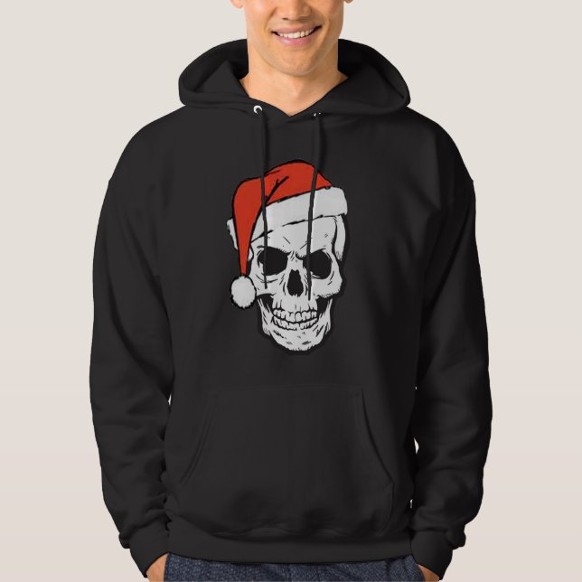  Red Santa Hat Skull on Funny Christmas Black Hoodie (Front)