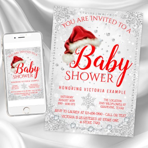 Red Santa Hat Snowflake Christmas Baby Shower Invitation