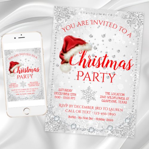 Red Santa Hat Snowflake Christmas Party Invitation