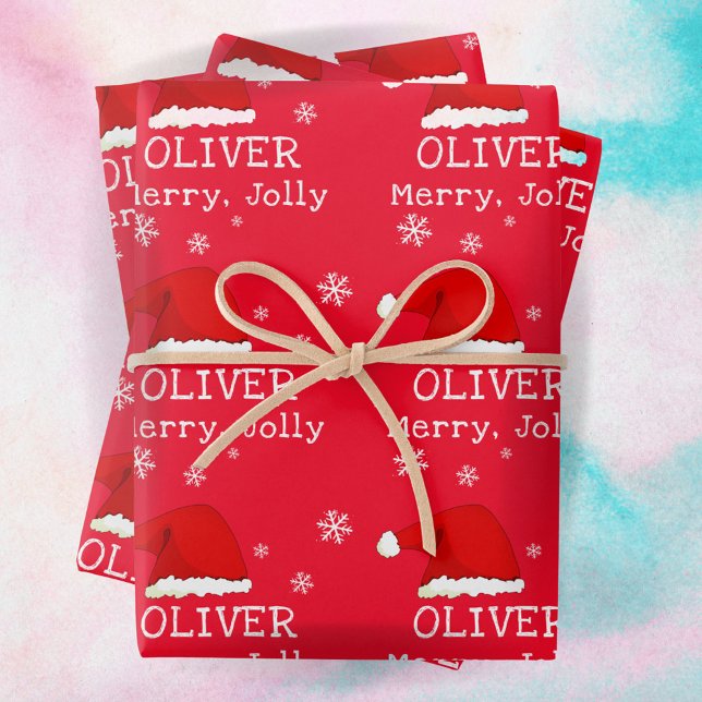 Red Santa Hat Snowflake Merry Jolly Kids Wrapping Paper Sheets (Creator Uploaded)