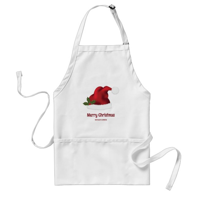 Red Santa Hat With Christmas Holly And Custom Tex Adult Apron (Front)