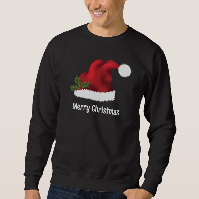 Red Santa Hat With Christmas Holly And Custom Text Sweatshirt (Front)