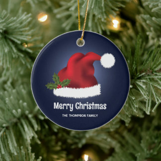 Red Santa Hat With Christmas Holly On Blue Ceramic Ornament