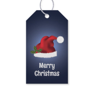 Red Santa Hat With Christmas Holly On Blue Gift Tags