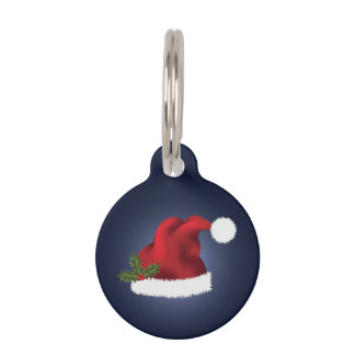 Red Santa Hat With Christmas Holly On Blue Pet ID Tag