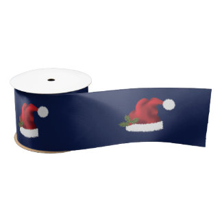 Red Santa Hat With Christmas Holly On Blue Satin Ribbon