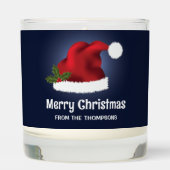 Red Santa Hat With Christmas Holly On Blue Scented Candle (Front)