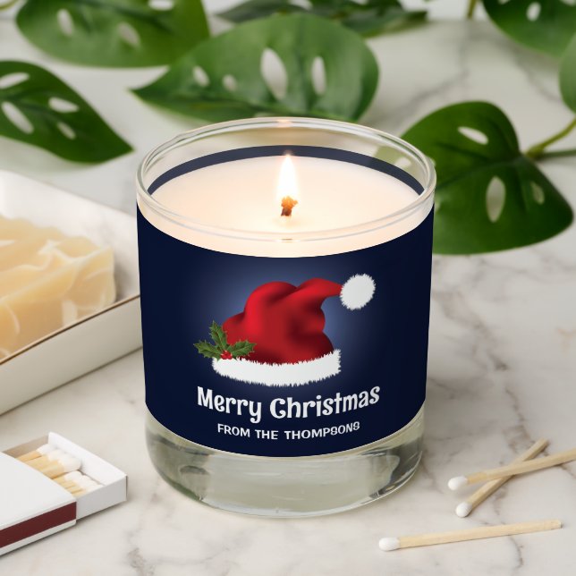 Red Santa Hat With Christmas Holly On Blue Scented Candle (Lit)