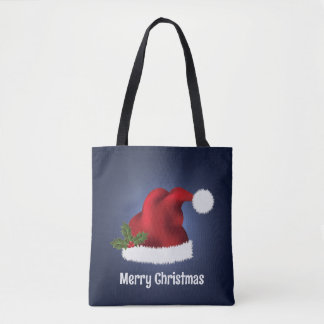 Red Santa Hat With Christmas Holly On Blue Tote Bag