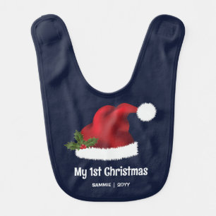 Red Santa Hat With Holly - My First Christmas Baby Bib