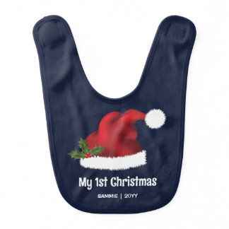 Red Santa Hat With Holly - My First Christmas Baby Bib