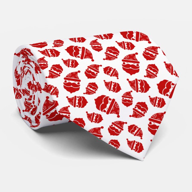 Red Santa Head on White Background Pattern Neck Tie (Rolled)