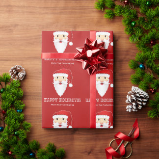 Red Santa Head Pattern Happy Holidays Custom Name Wrapping Paper