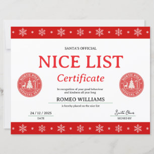 Red Santa Nice List Christmas Award Certificate