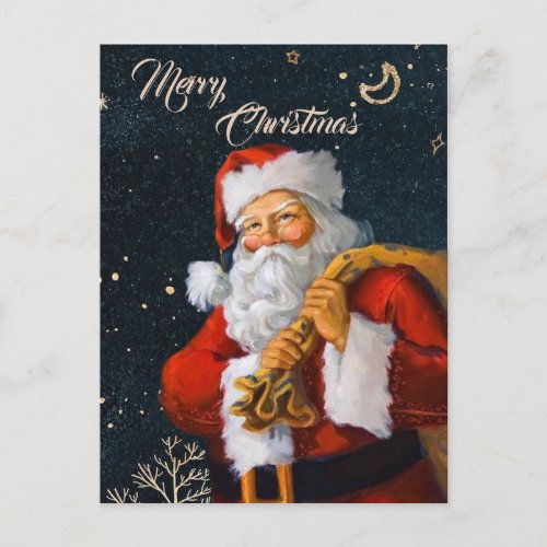red Santa on dark blue watercolor background Postcard
