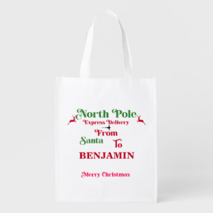 Red Santa Sack North Pole Merry Christmas Grocery Bag