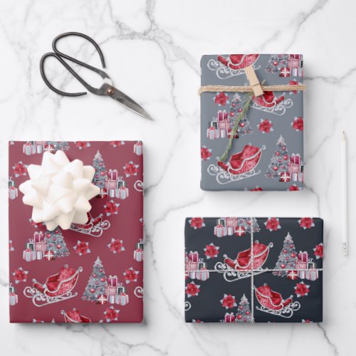 Red Santa Sleigh and Trees on Red Gray and Black  Wrapping Paper Sheets