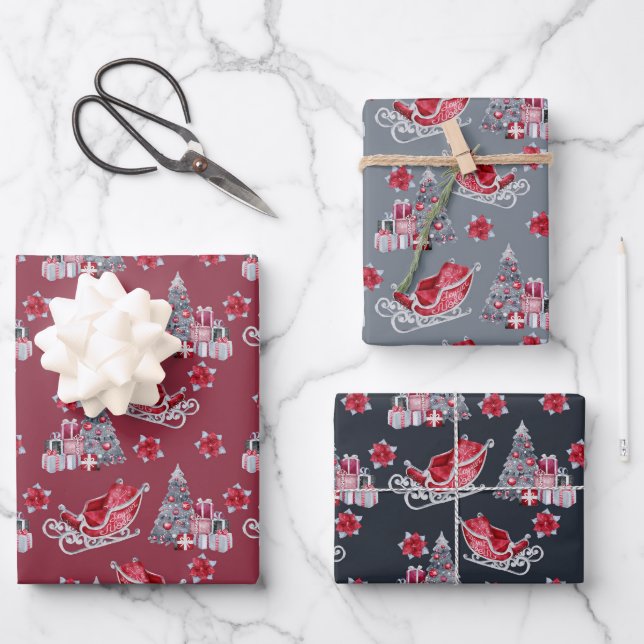 Red Santa Sleigh and Trees on Red, Gray and Black  Wrapping Paper Sheets (Front)