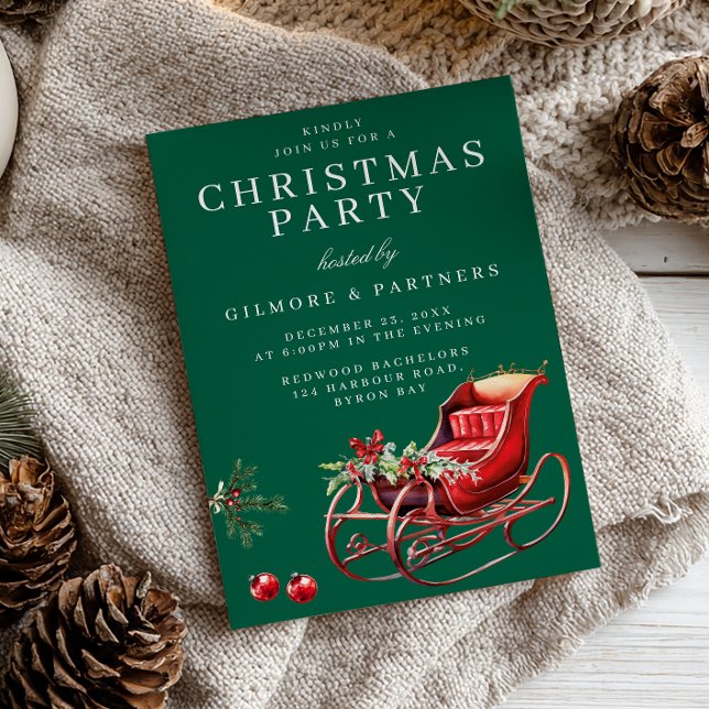Red Santa Sleigh Office Christmas Party Green Invitation (Creator Uploaded)