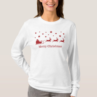 Red Santa Sleigh With Deer &amp; Merry Christmas Text T-Shirt