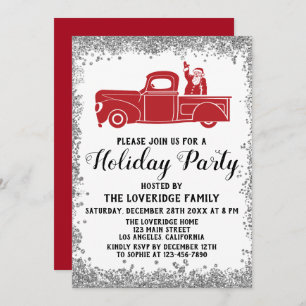 Red Santa Truck Christmas Holiday Party Silver Invitation