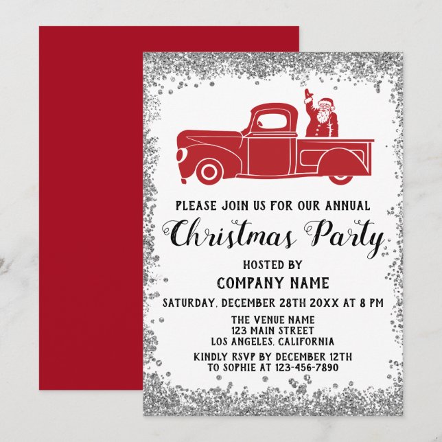 Red Santa Truck Company Christmas Party Silver Invitation (Front/Back)