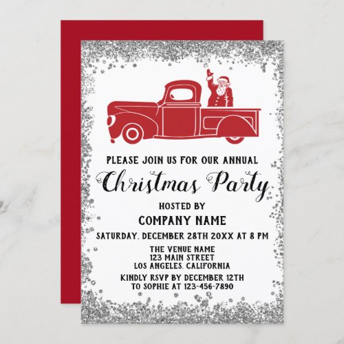 Red Santa Truck Company Christmas Party Silver Invitation