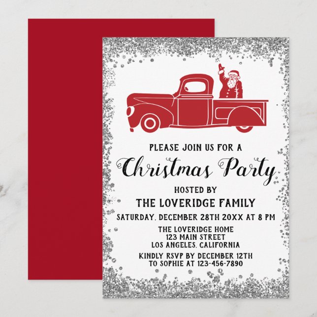 Red Santa Truck Holiday Christmas Party Silver Invitation (Front/Back)