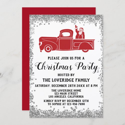 Red Santa Truck Holiday Christmas Party Silver Invitation