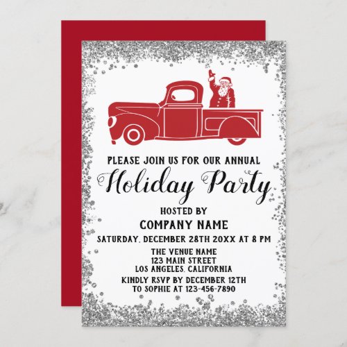 Red Santa Truck Xmas Company Holiday Party Silver Invitation