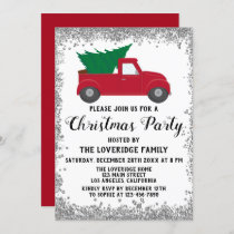 Red Santa Xmas Tree Holiday Christmas Party Silver Invitation