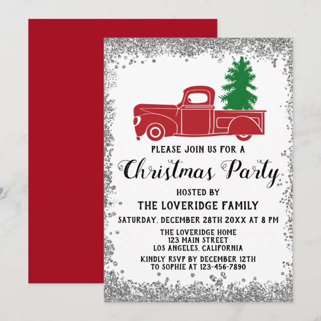 Red Santa Xmas Tree Holiday Christmas Party Silver Invitation (Front/Back)