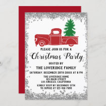 Red Santa Xmas Tree Holiday Christmas Party Silver Invitation