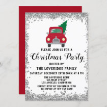 Red Santa Xmas Tree Holiday Christmas Party Silver Invitation