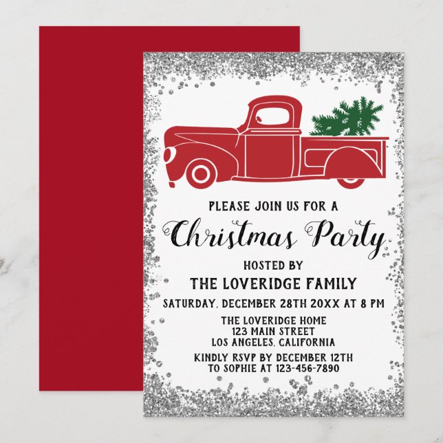 Red Santa Xmas Tree Holiday Christmas Party Silver Invitation (Front/Back)