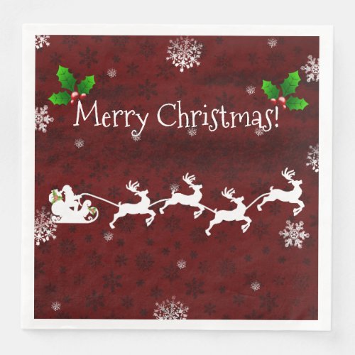 Red Santas Sleigh and Reindeer Paper Napkin